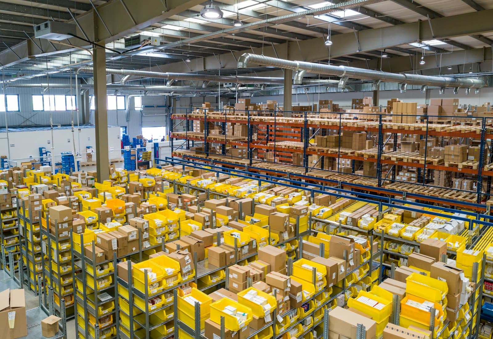 Distribution warehouse stacked with palletized freight